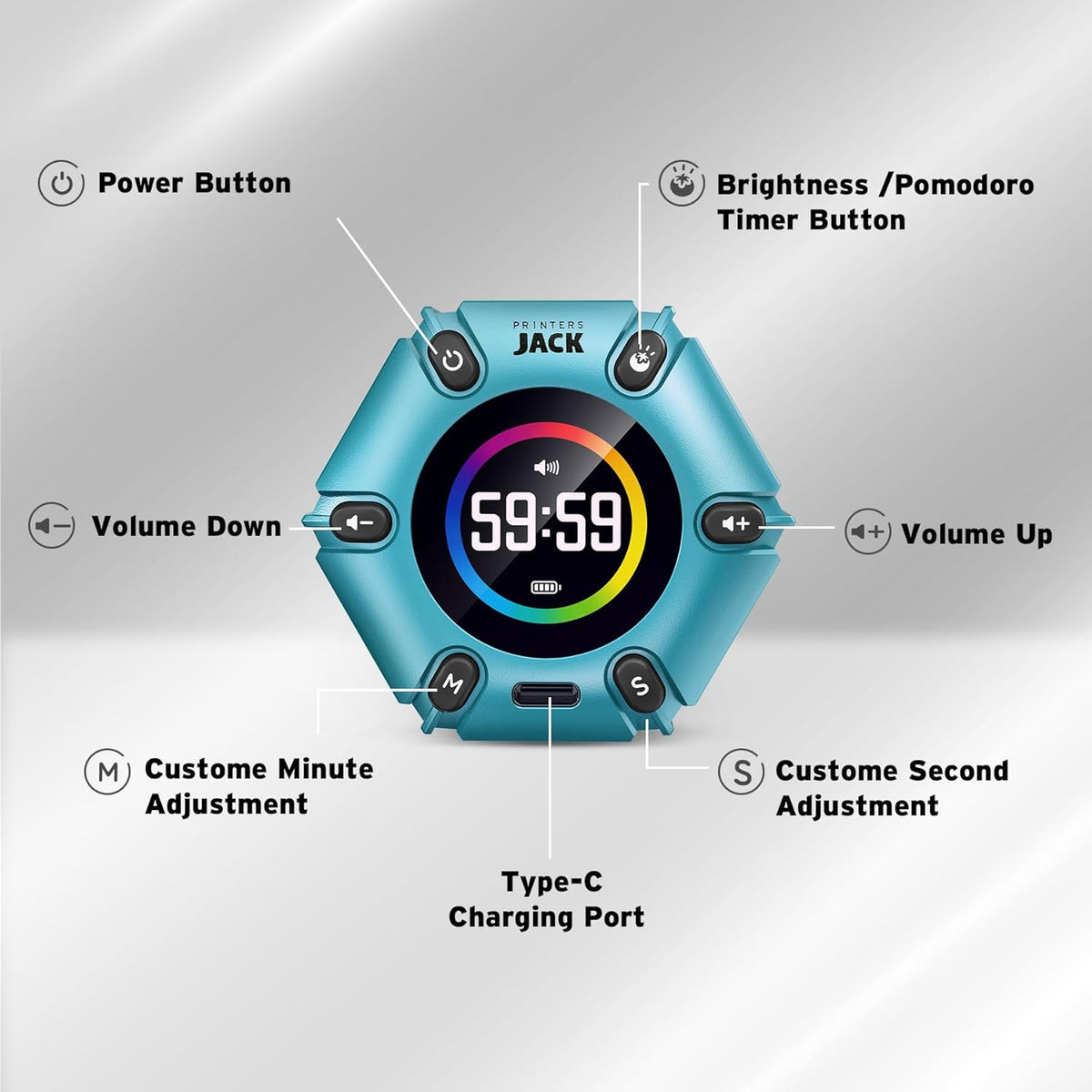 Pomodoro Timer, Magnetic Visual Timer with Flip Countdown, Silent & Alarm, Tools for Anyone, Cube Digital Timer for for Work, Kitchen Cooking, Study, 3/5/10/25/30/60min & Custom Countdown - Turquoise