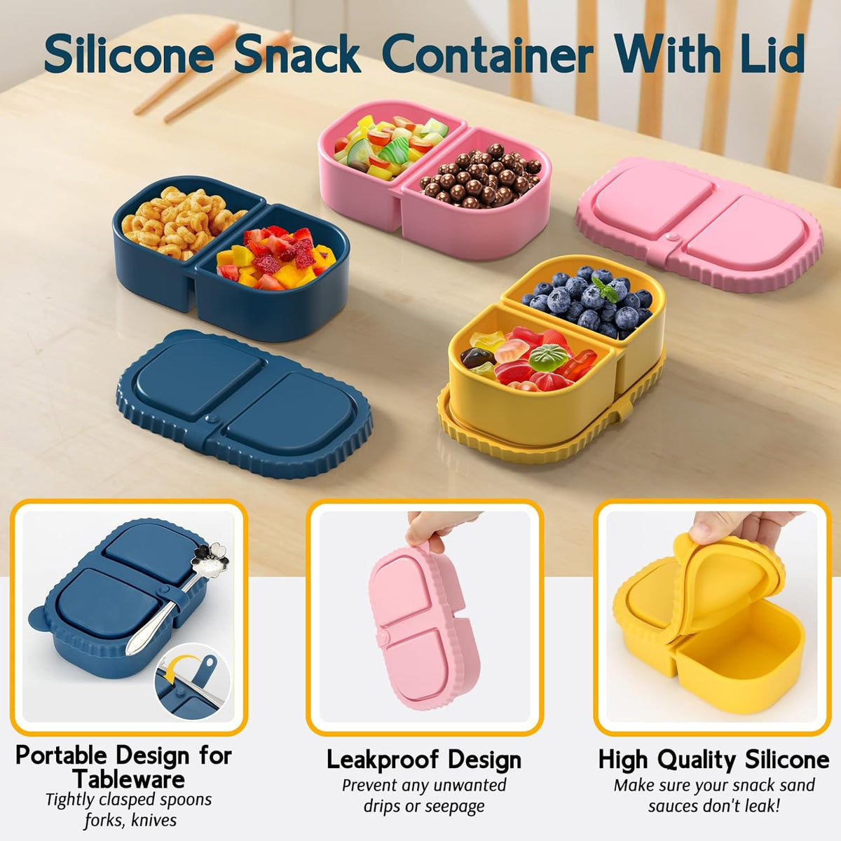 6 Pack Reusable Silicone Snack Containers with Lids, Mini Containers 2 Compartments, Portable Silicone Food Storage Box for Picnic, School, Office (6)