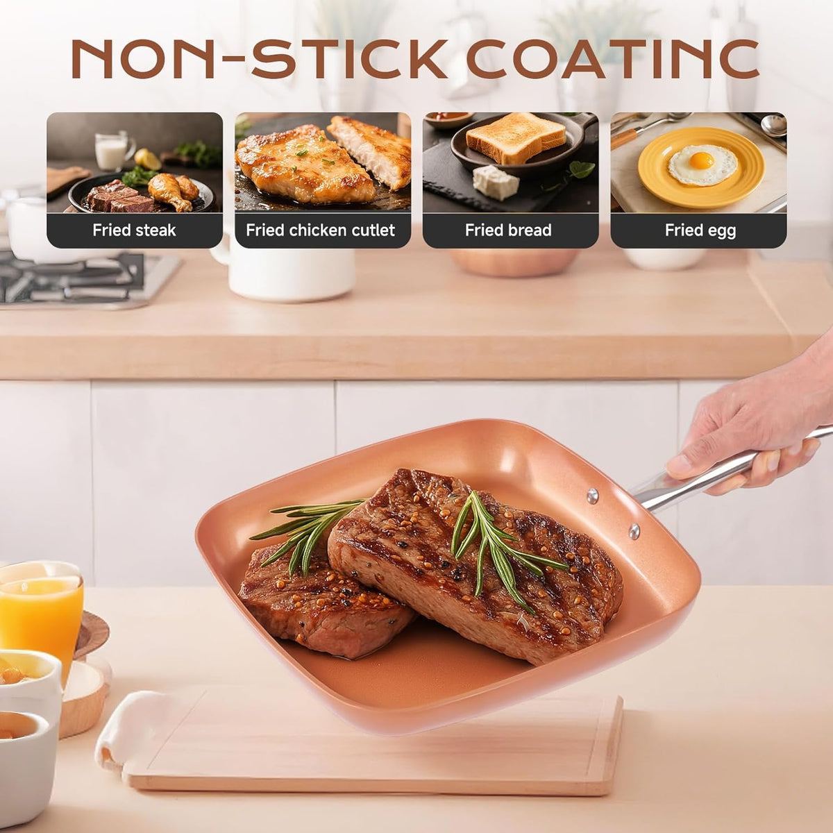 Non-Stick Copper Square Frying Pan, 12" Chef Skillet with Ceramic Coating, Oven Dishwasher Safe, PFOA-Free, Home Use for All Stoves