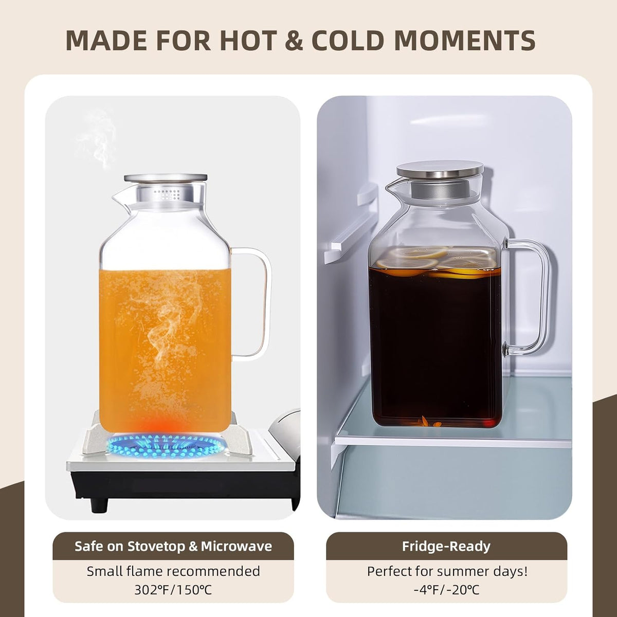 Glass Pitcher, 3.6L Glass Water Pitcher with Tight Stainless Steel Lid, Heat Resistant Borosilicate Glass Carafe, Temperature Safe (MG10)