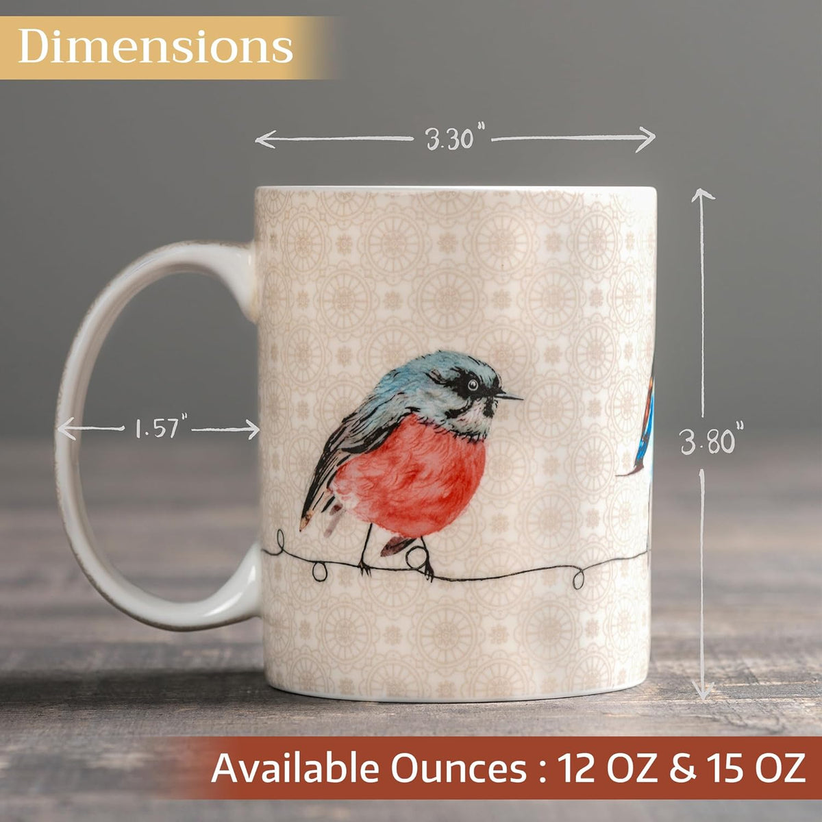 Maison d' Hermine Coffee Mug with Handles Fine Bone China Mugs Pack of Two Tea Cups for Hot Beverages Cappuccino Latte Home Restaurant Office Perfect for Gift (Birdies On Wire, 15 Ounce)