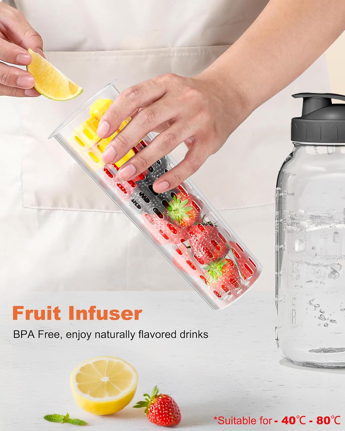 64oz Glass Pitcher with Fruit Infuser, 2 Quart Wide Mouth Mason Jar Pitcher with Airtight Flip Top Lid, Leakproof Fridge Door Water Jug for Iced Sun Tea, Juice Making - Black
