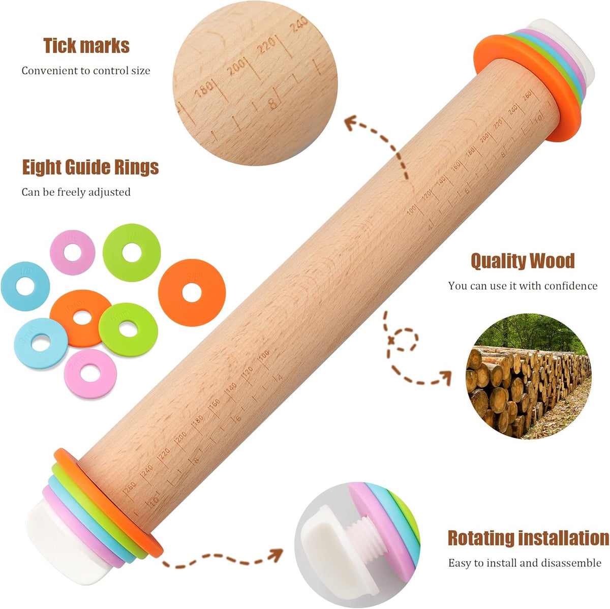 Adjustable Rolling Pin with Thickness Rings - 14 INCH Wood Dough Roller for Perfect Baking, Fondant & Cookies Ideal Rolling Pin for Dough & Cookie Decorating Supplies