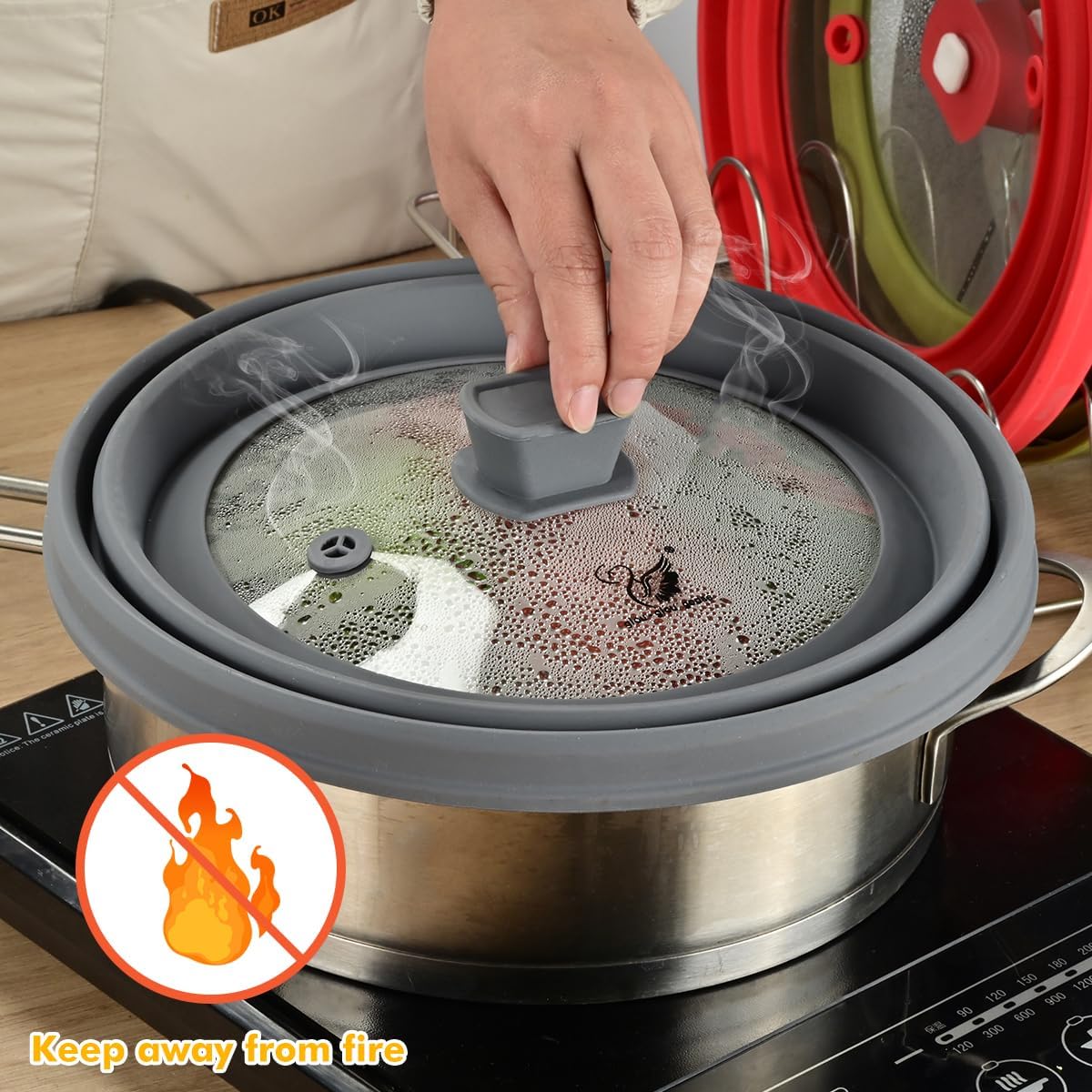 Microwave Splatter Cover Glass Splatter Guard Lid with Collapsible Silicone for Food Pot Plate Cover 10.8 inch Light Grey