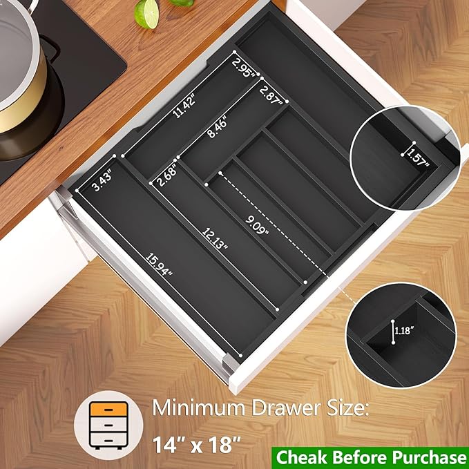 Pipishell Bamboo Expandable Drawer Organizer for Utensils Holder, Adjustable Cutlery Tray, Wood Drawer Dividers Organizer for Silverware, Flatware, Knives in Kitchen, Bedroom, Living Room (Black)