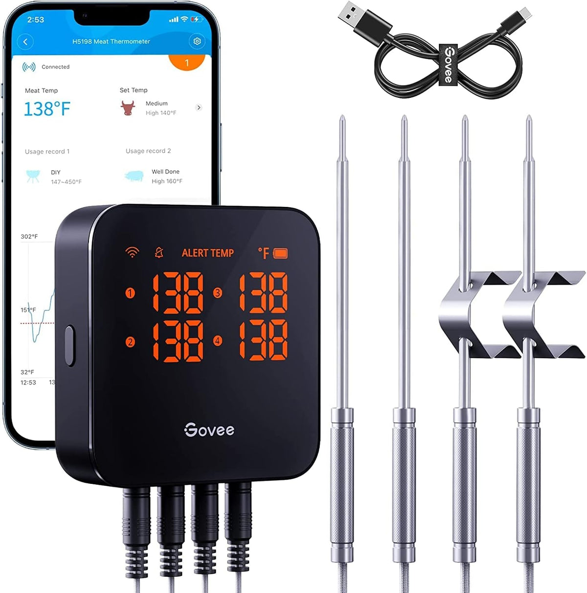 Govee Wireless Meat Thermometer with 4 Probe, Smart WiFi Meat Thermometer with Unlimited Range App Notification Alert, Digital Rechargeable Bluetooth Food Thermometer for Smoker BBQ Grill Oven Kitchen