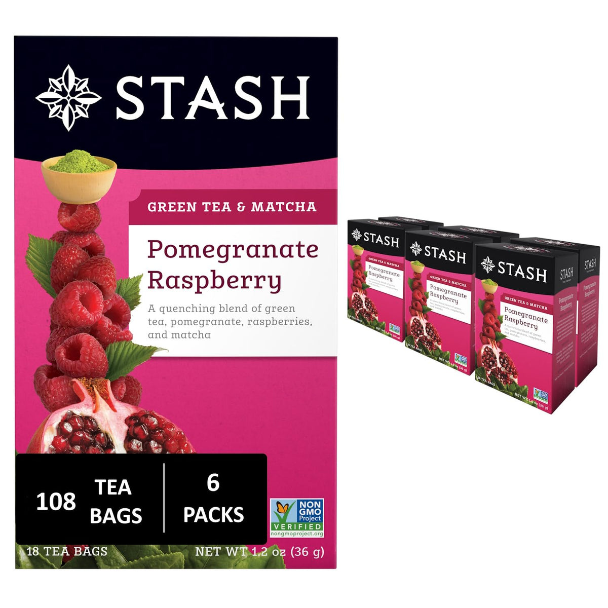 Stash Tea Pomegranate Raspberry & Matcha Green Tea - Caffeinated, Non-GMO Project Verified Premium Tea with No Artificial Ingredients, 18 Count (Pack of 6) - 108 Bags Total