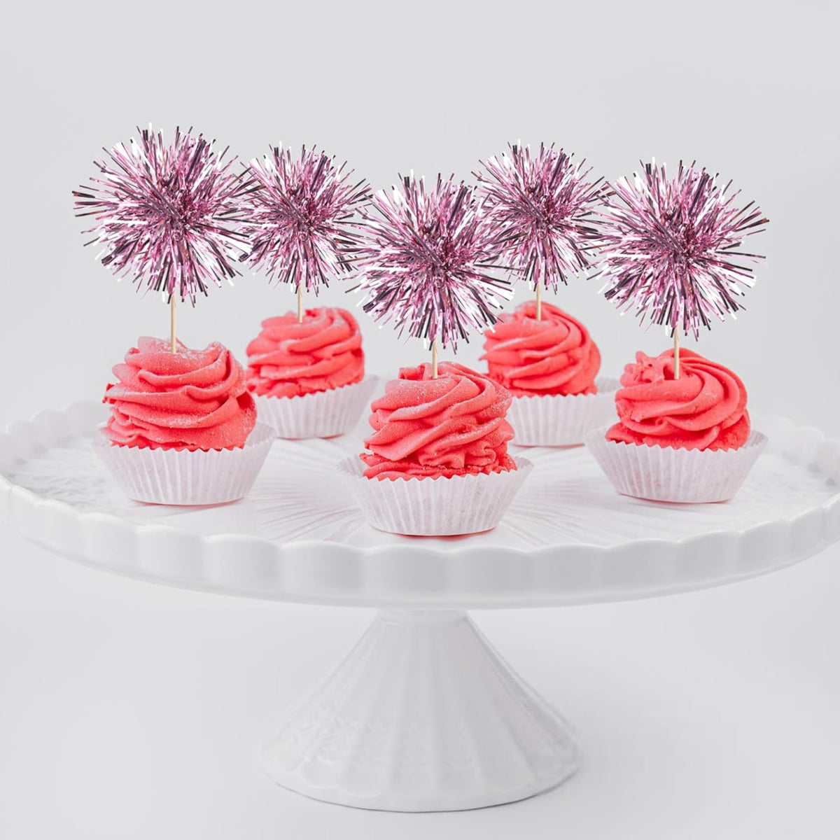 40 PCS Foil Firework Cupcake Toppers Sparkle Tinsel Cupcakae Picks Sparkler Fireworks Party Decorations Cocktail Fruit Toothpick for Birthday Wedding Graduation Party Decorations Supplies Pink