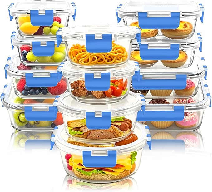 12 Pack Glass Food Storage Container Set with Lids Airtight, Stackable Meal Prep & Leftover Containers, Lunch Box for Microwave, Oven, Freezer and Dishwasher (Blue)