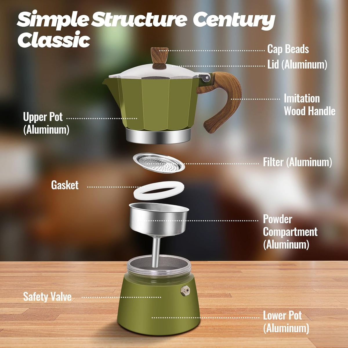 3 Cup Aluminum Moka Pot Classic Stovetop Espresso Coffee Maker 150ml 5oz Coffeemaker Percolator Mocha Pot Greca Coffee Maker Cafe Makers for Italian and Cuban Café Brewing Green