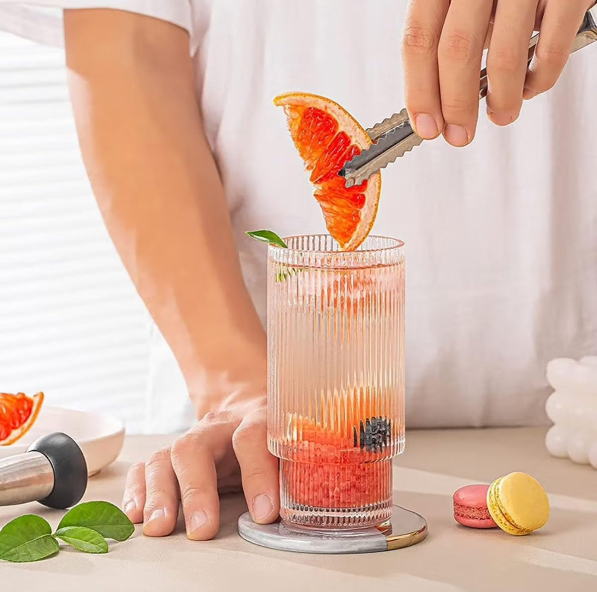 16OZ Ribbed Glass Cups with Lids and Straws,Iced Coffee Cups with Bamboo Lid,Vintage Glassware for Whiskey Cocktail Beer Fruit Juice Glasses Tumbler(6 Pack)