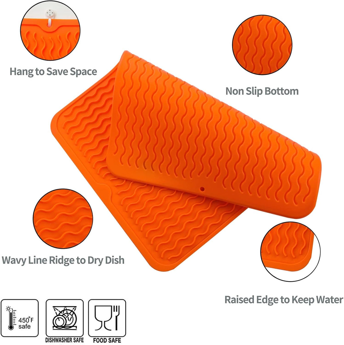Silicone Dish Drying Mat for Multiple Usage,Easy clean,Eco-friendly,Heat-resistant Silicone Mat for Kitchen Counter or Sink,Refrigerator or drawer liner Orange L 16 inches x 12 inches