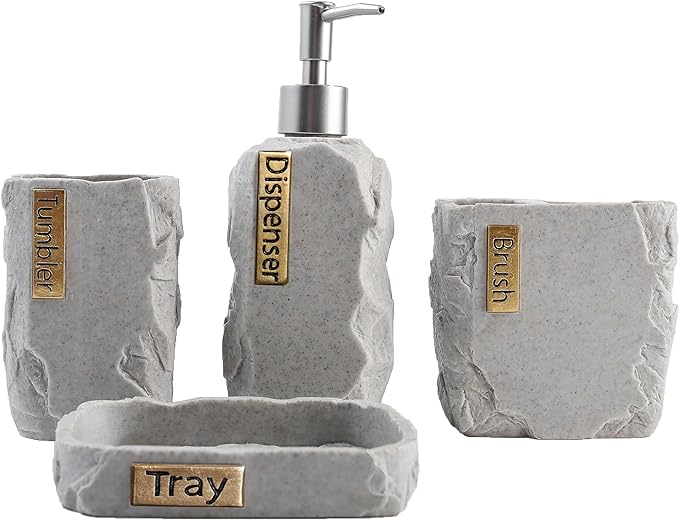 Hymmah Bathroom Accessories Set,Marble Design Toothbrush Holder,Farmhouse Bathroom Decor,4 Pcs Resin Gift Set Apartment Necessities, Contain Toothbrush Cup,Soap Dispenser,Soap Dish,Tumbler