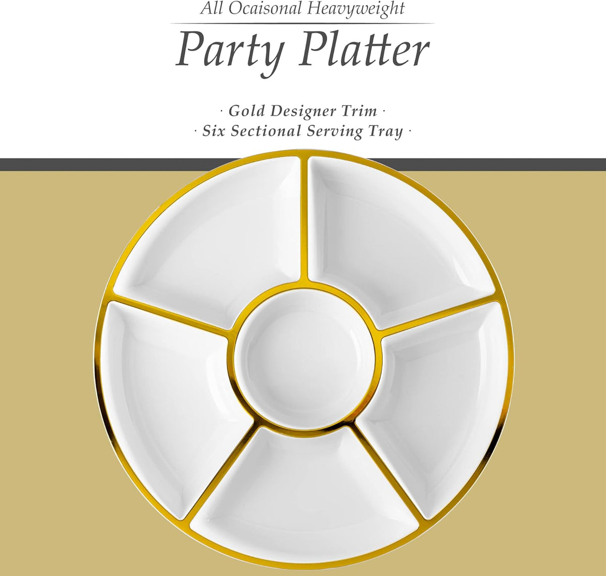 Plasticpro 6 Sectional Round Plastic Serving Tray/Platter (2, White & Gold)