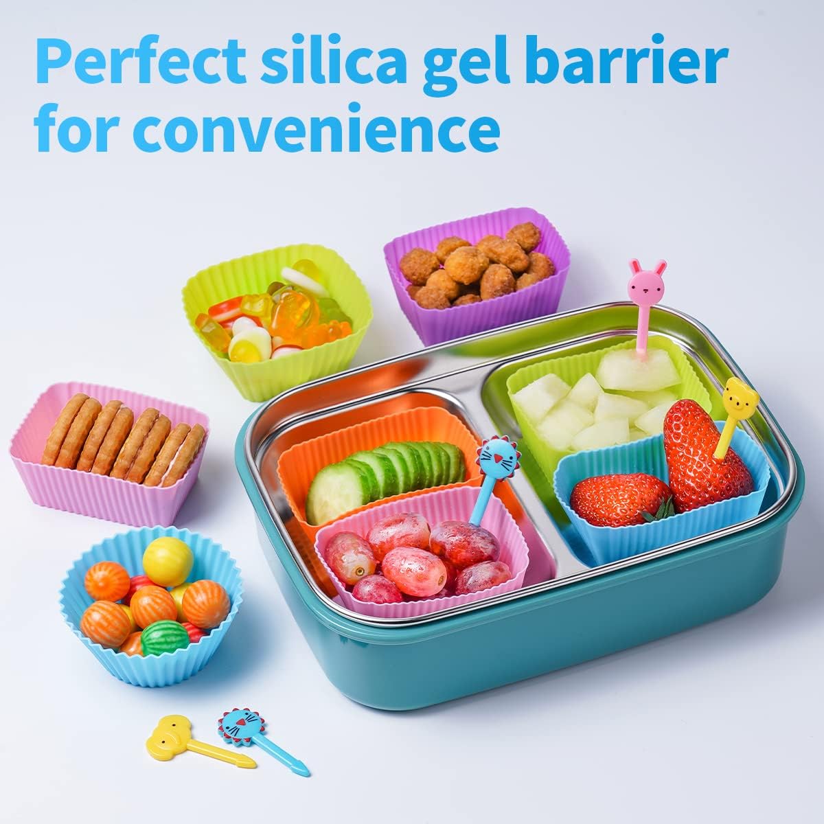 Silicone Bento Lunch Box Dividers 3 Shapes of Standard Round & Square & Rectangle - Reusable Silicone Cupcake Liners Non-Stick Muffin Cups for Baking