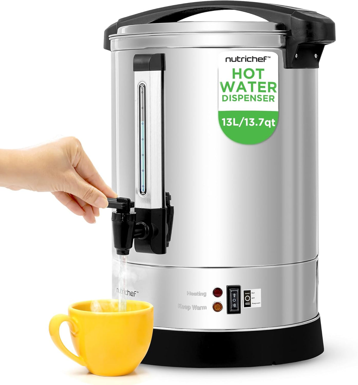 NutriChef Water Boiler and Hot Water Dispenser, 13L Electric Beverage Dispenser with Safety Lock Lid, Non-Drip Tap, Warm Function, Food Grade Stainless Steel, Home and Commercial Use, 20x11x11 in.