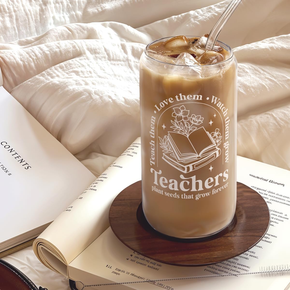 SANDJEST Teacher Glass Can, Teachers Plant Seeds That Grow Forever Cup with Lid & Straw, Coffee Aesthetic Cups, Gift for Christmas Teacher Appreciation, Gifts for Women, 16oz