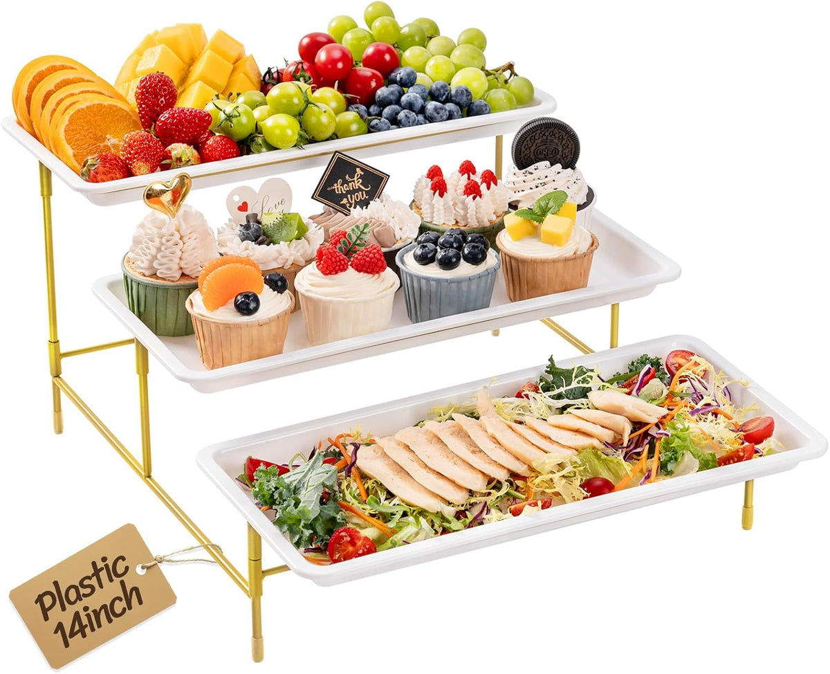 Lifewit Plastic 3 Tier Serving Tray for Party Supplies, 14" x 6.5" Crack-Proof Platters for Serving Food, White Reusable Trays with Yellow Metal Display Stand for Veggie, Fruit, Cookies, Dessert
