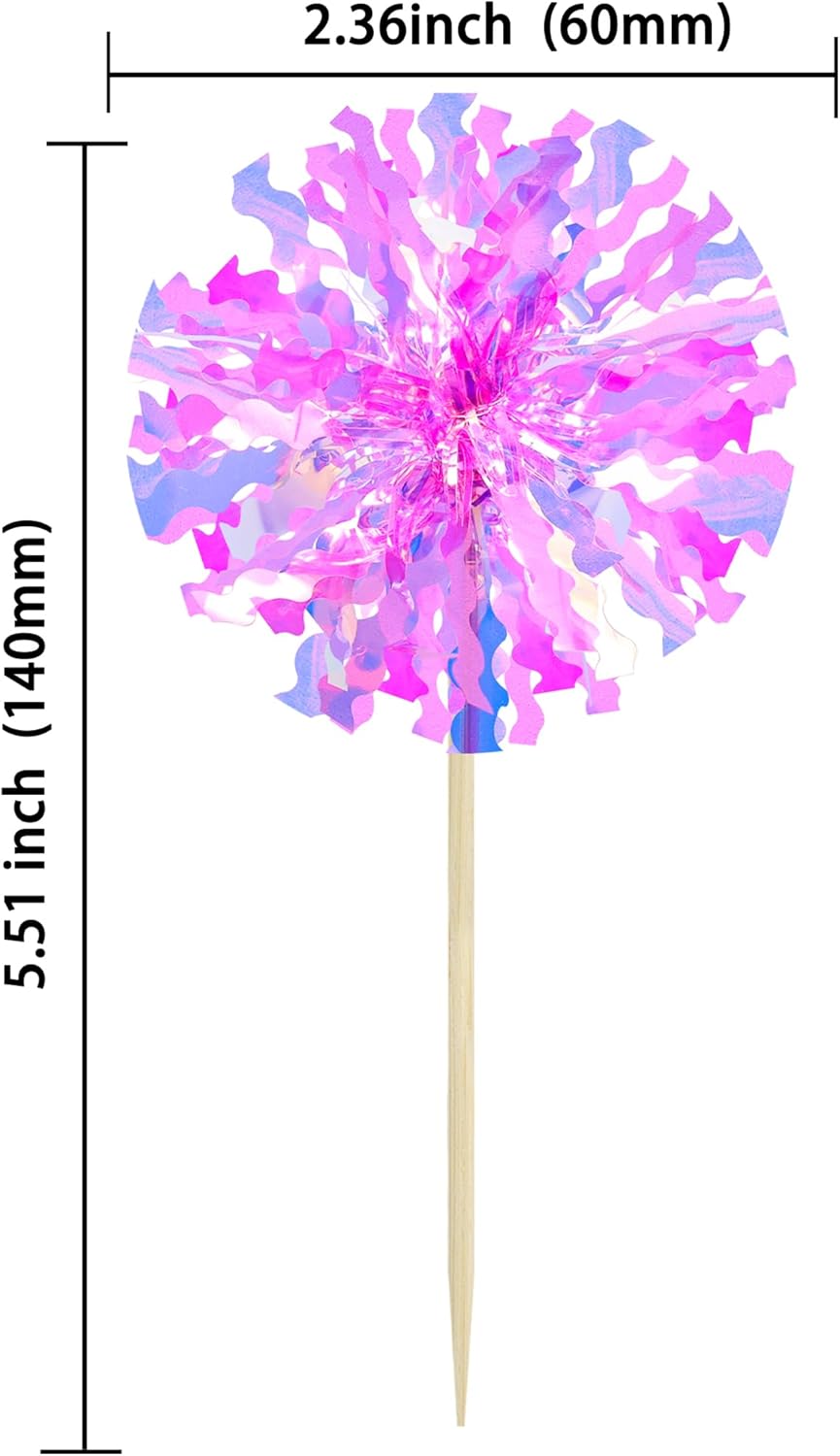 Ephlyn 30Pcs Foil Firework Cupcake Toppers Happy Birthday Cake Toppers Tinsel Flower Drink Stirrers Cocktail Food Fruit Toothpicks for Valentine's Day Party Decorations Rose Red