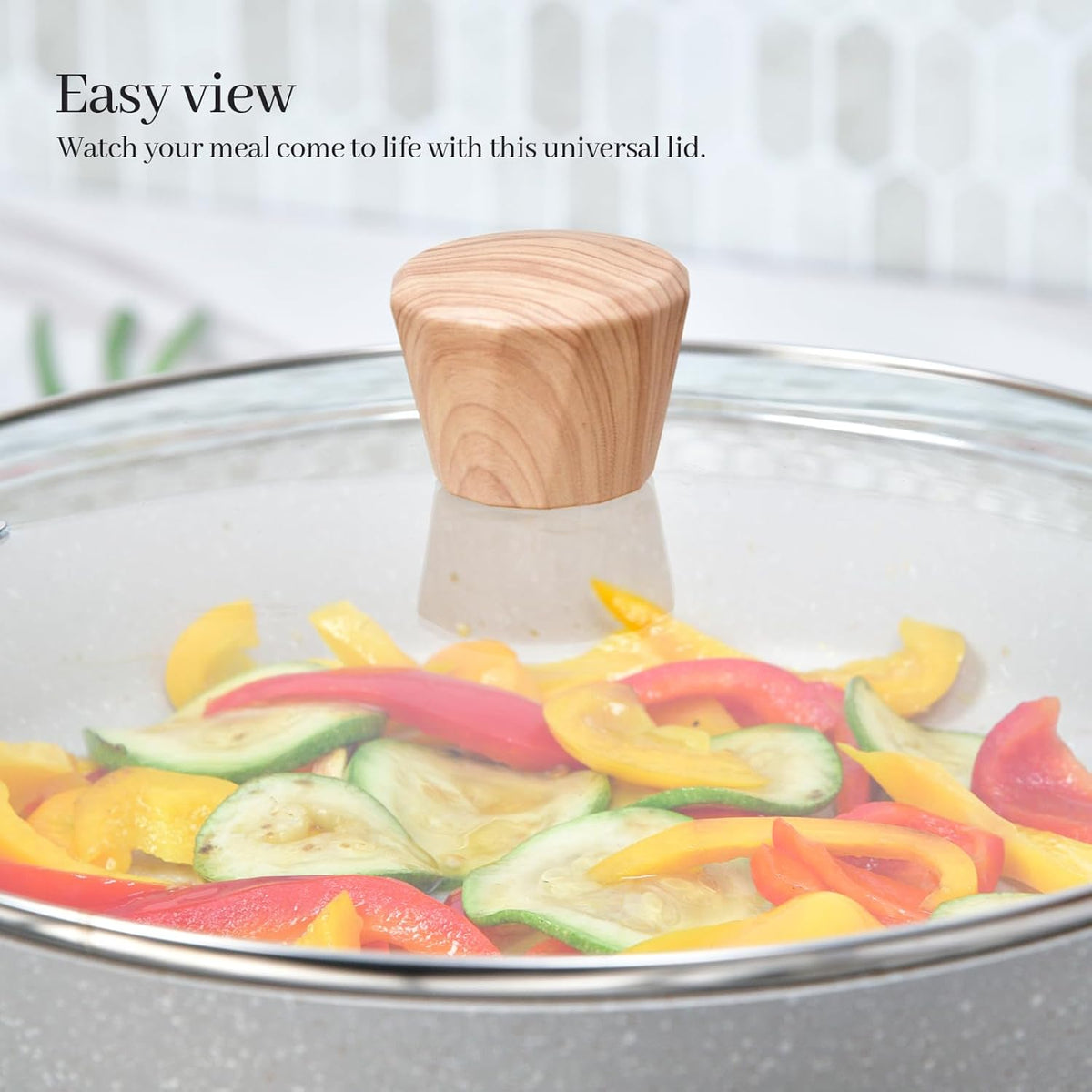 12 IN Glass Lid for Frying Pan and Pots, Tempered Replacement Cover with Wooden Handle Compatible for All Cookware for Skillets, Round Cast Iron, Cast Aluminium, Stainless Steel Pans & Pots