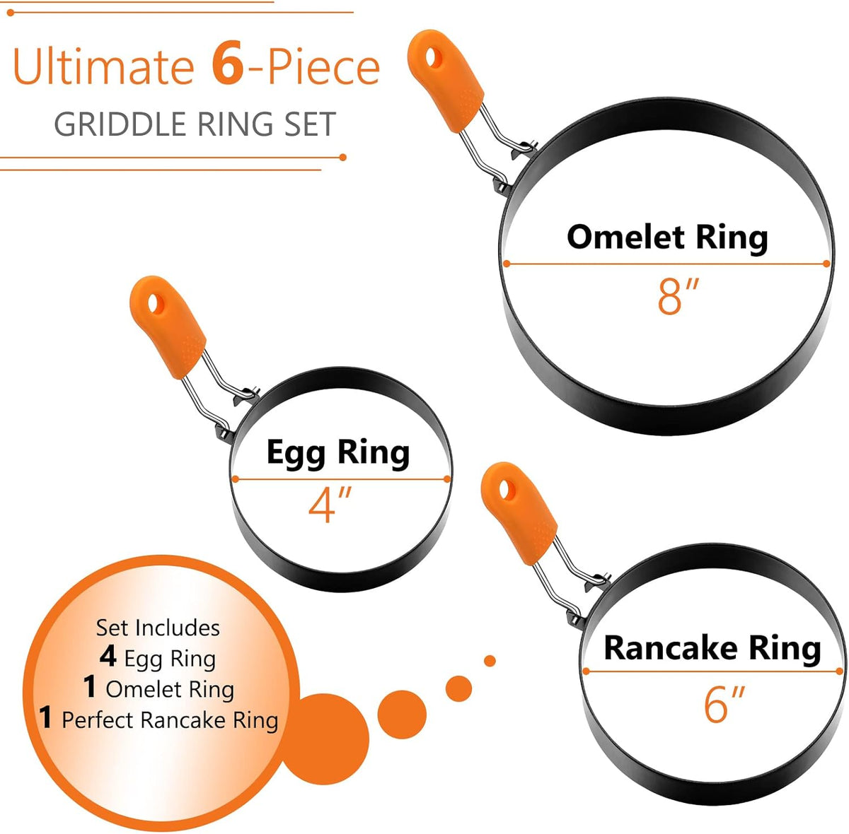 Patelai 6 Pcs Egg Ring Pancake Ring Set Stainless Steel Fried Egg Molds Griddle Pancake Shapers with Silicone Handle for Breakfast Omelette Sandwich (Round Style,4, 6, 8 Inch)