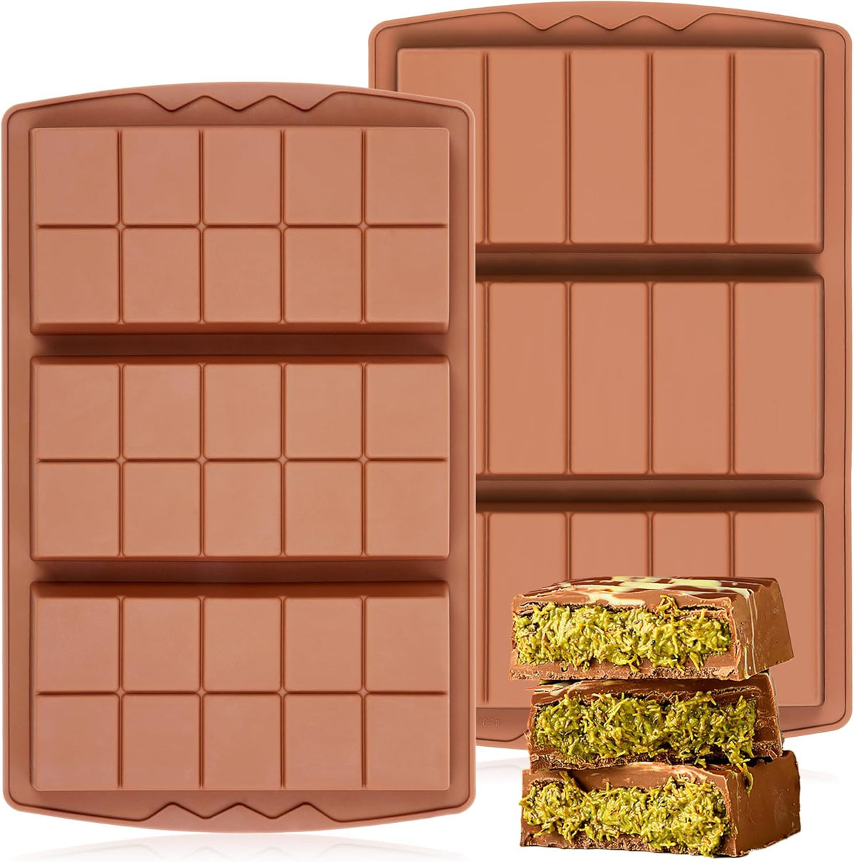 2 Pcs Chocolate Bar Mold Deep Dubai 0.85 Inch Stuffed Chocolate Molds Silicone Large Break Apart Silicone Molds (10 Snap + 5 Snap）