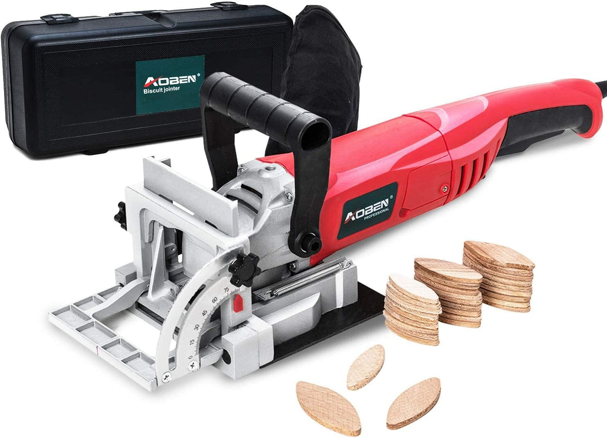 AOBEN Biscuit Cutter Plate Joiner 8.5 Amp With No. 0 Wood(30 Pcs) No. 10 Wood(30 Pcs) No. 20 Wood(50 Pcs), 4" Tungsten Carbide Tipped Blade, Adjustable Angle And Dust Bag