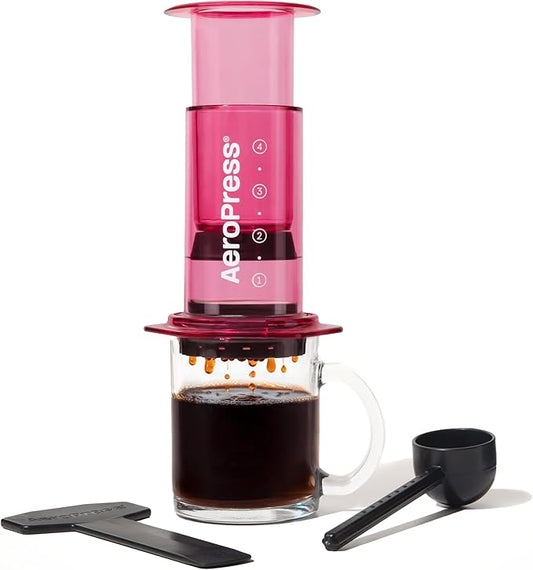 AeroPress Clear Pink Coffee Press - All-in-One French Press, Pour-Over & Espresso Style Manual Brewer, 2 Min Brew for Less Bitterness, More Flavor, Small Portable Coffee Maker, Travel & Camping