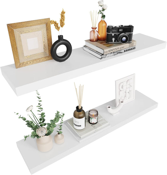Colima Floating Shelves for Wall White Wood Shelf for Bedroom, 36 Inch Wall Mounted Floating Shelves for Bathroom Living Room Kitchen Office, 1.3" Thick Floating Book Shelves for Wall, Set of 2