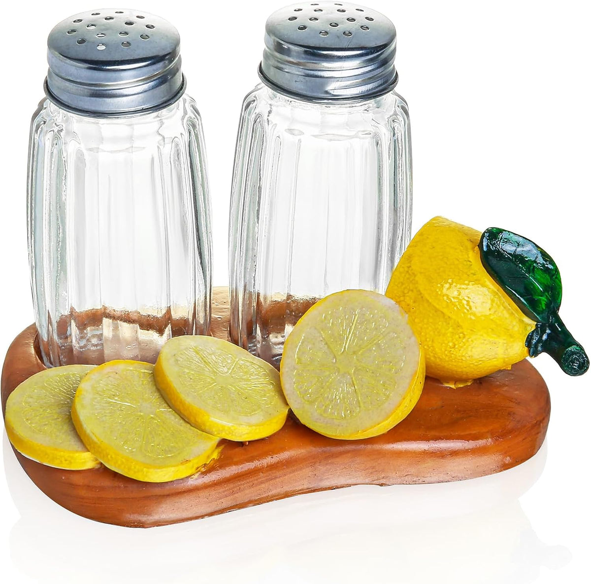 Lemon Decor Salt And Pepper Dispenser Shaker Holder for Kitchen DéCor - with Lemon Figurine And Statues Holder - Includes Glass Spice Jars