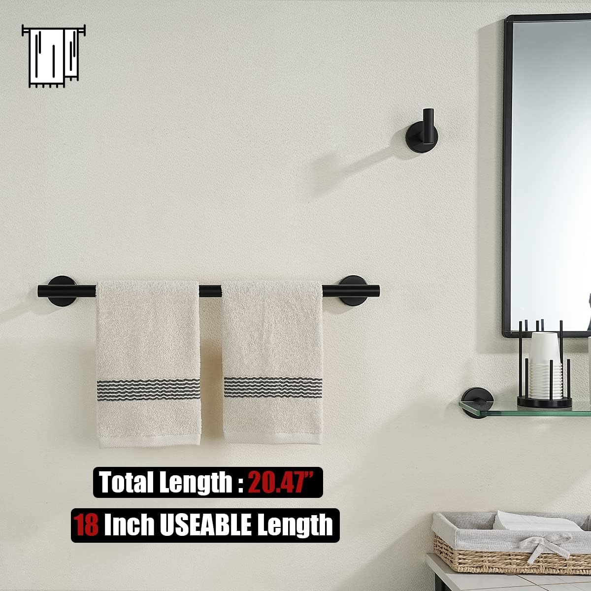 JQK Black Towel Bar, 20.5 Inch 304 Stainless Steel Thicken 0.8mm Towel Rack Bathroom, Towel Holder Matte Black Wall Mount, Useable Length 18 Inch, TB110L18-PB