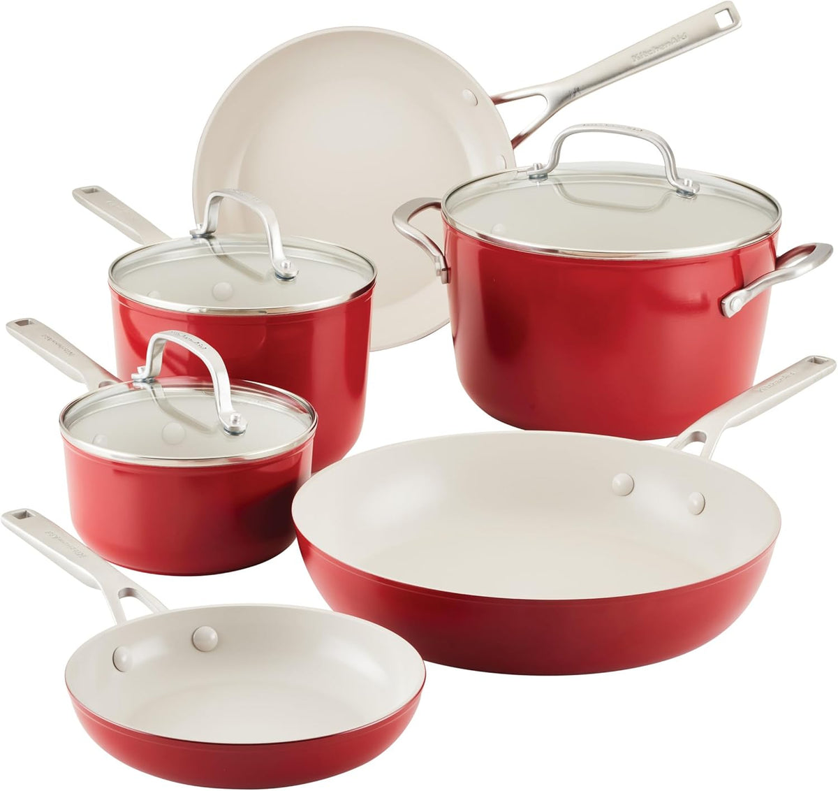 KitchenAid Hard Anodized Ceramic 9-Piece Nonstick Cookware Set – Includes Fry Pans, Saucepan, Stockpot, Durable, Even Heating, Oven Safe to 500°F, Empire Red