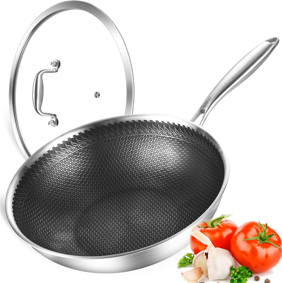 DELARLO 12" Nonstick Wok Pan With Lid, Tri-Ply Stainless Steel Saute Pan with Lids, 600℉, 5QT Deep Frying pan, Induction Wok Nonstick,Woks & Stir-Fry Pans