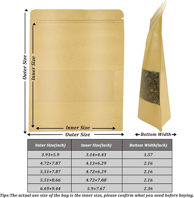 100 PCS Resealable Bags, Stand Up Kraft Paper Bags with Matte Window, Zipper Lock Food Storage Bags for Small Business and Home, 3.93 * 5.9 Inch Reusable Sealable Bags for Packaging
