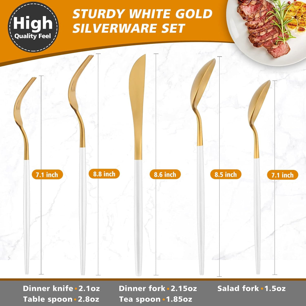 Matte White Gold Silverware Set, Oliviola 40-Piece Stainless Steel Flatware Cutlery Set Service for 8, Satin Finish Kitchen Utensil Set, Dishwasher Safe