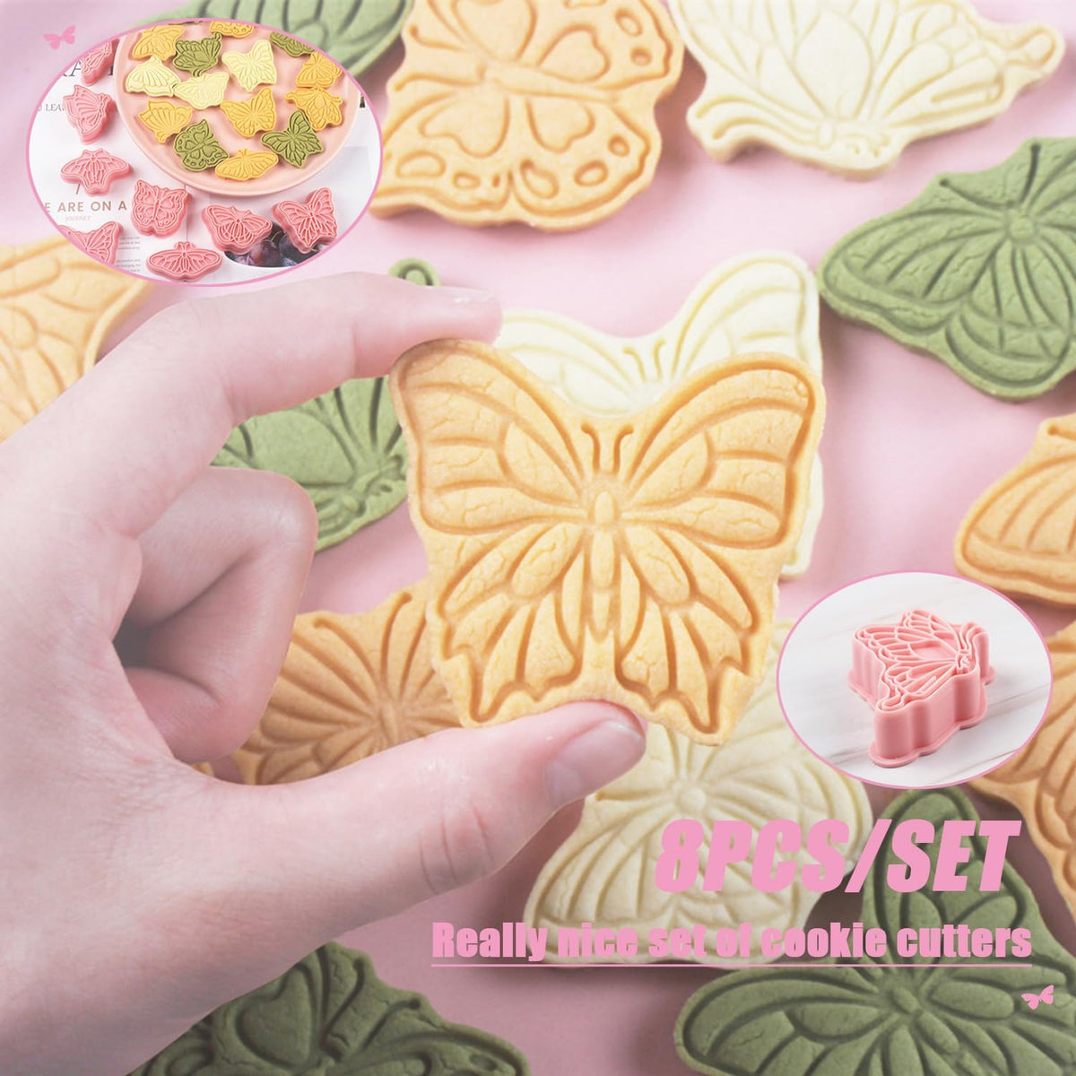 Butterfly Cookie Cutters 8 Pcs Plastic Biscuit Cutter Set 3D Pressable Cake Baking Fondant Embosser Stamps for Party Decoration Pastry Tools (F8)
