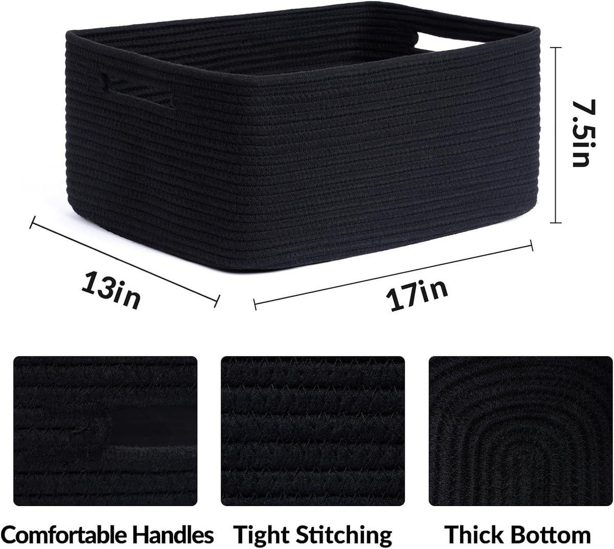 Large Storage Baskets for Shelves, Closet Organizers Bins for Clothes Blanket Towels, Baby Nursery, Toy Baskets Box, Woven Rope Baskets, 17 x 13 x 7.5”, 2 Packs Black