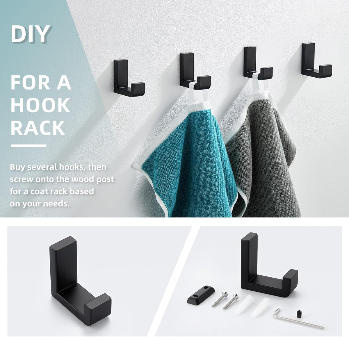 Angle Simple Towel Hook for Bathroom, SUS 304 Stainless Steel Compact Shower Robe Coat Wall Hook, Matte Black