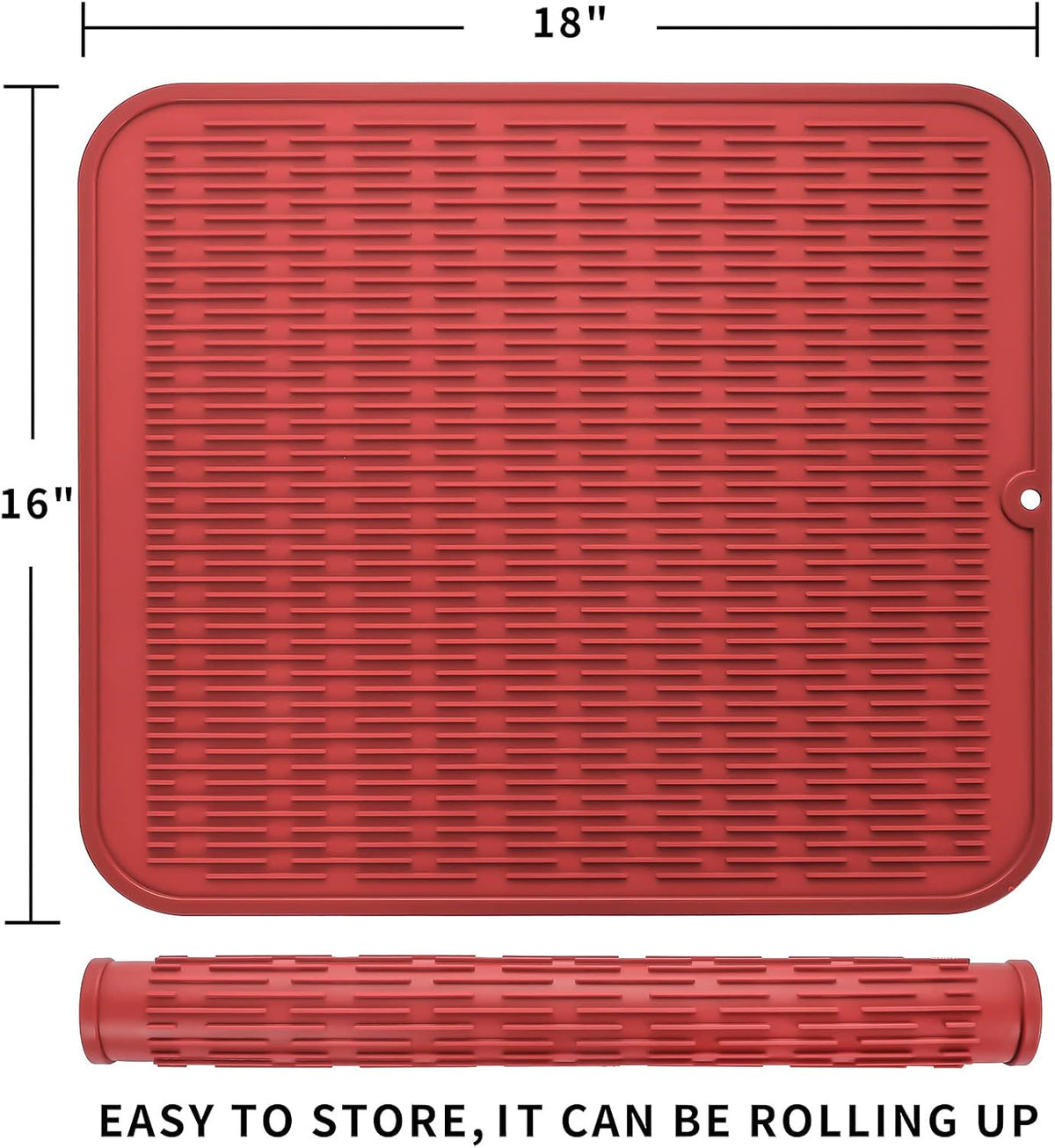 Silicone Dish Drying Mat for Multiple Usage,Easy clean,Eco-friendly,Heat-resistant Silicone Mat for Kitchen Counter or Sink,Refrigerator or Drawer Liner Red 2XL 24 inches x 18 inches