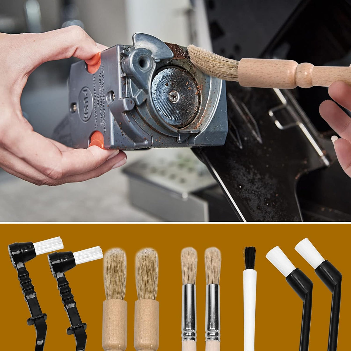 9PCS Coffee Machine Cleaning Brush Grinder Wooden Cleaning Brush Coffee Machine Head Brush Coffee Brush, Black Handle Coffee Machine Brush, Two in one Coffee Machine Brush with Spoon