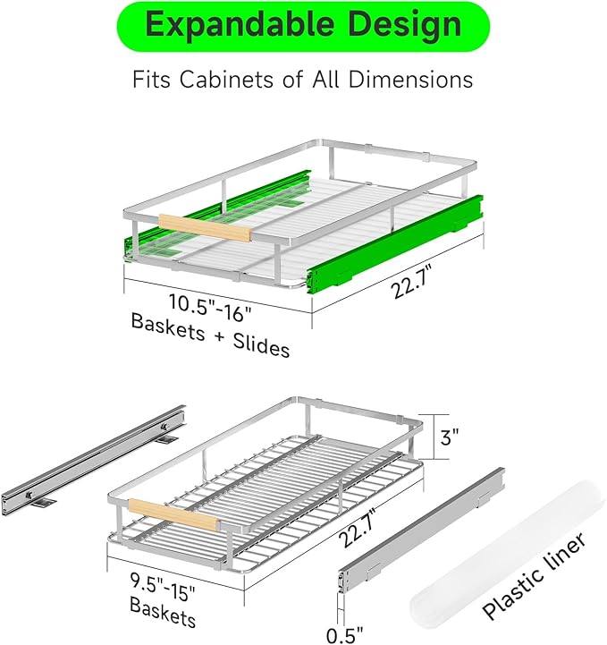 Expandable Pull Out Drawers for Cabinets, Kitchen Cabinet Slide Out Shelves, Adjustable Roll Out Drawers, Small 1 Pack