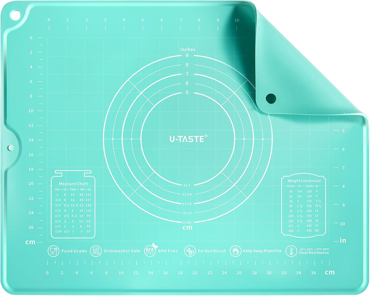 U-Taste Liquid Silicone Pastry Mat: 16"x20" Food-Grade Non-Stick Dough Rolling Baking Sheet, Non Slip for Kneading, Making Pizza, Fondant, Pie Crust with Clear Measurement and Raised Edges (Aqua Sky)