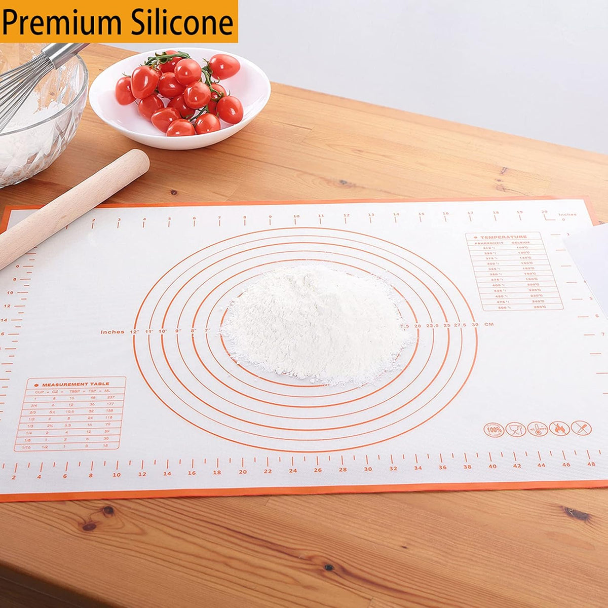 Silicone Baking Mat，Non Stick Rolling Dough with Measurements for Pie Pizza Cookies Fondant Making，Extra Thick Non Slip Silicone Pastry Mat