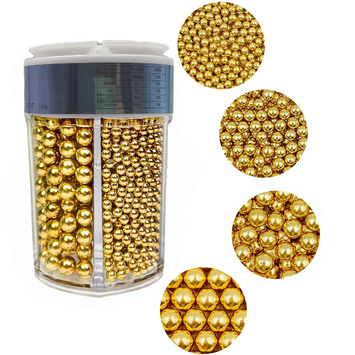 4 in 1 Super Gold Pearl Sugar Sprinkles 6 oz, 4 sizes Candy Pearls Ideal for Baking, Cake and Cupcake Toppers, Cookie Decoration, Ice Cream Topping, Wedding Shower Party Valentines Halloween Christmas
