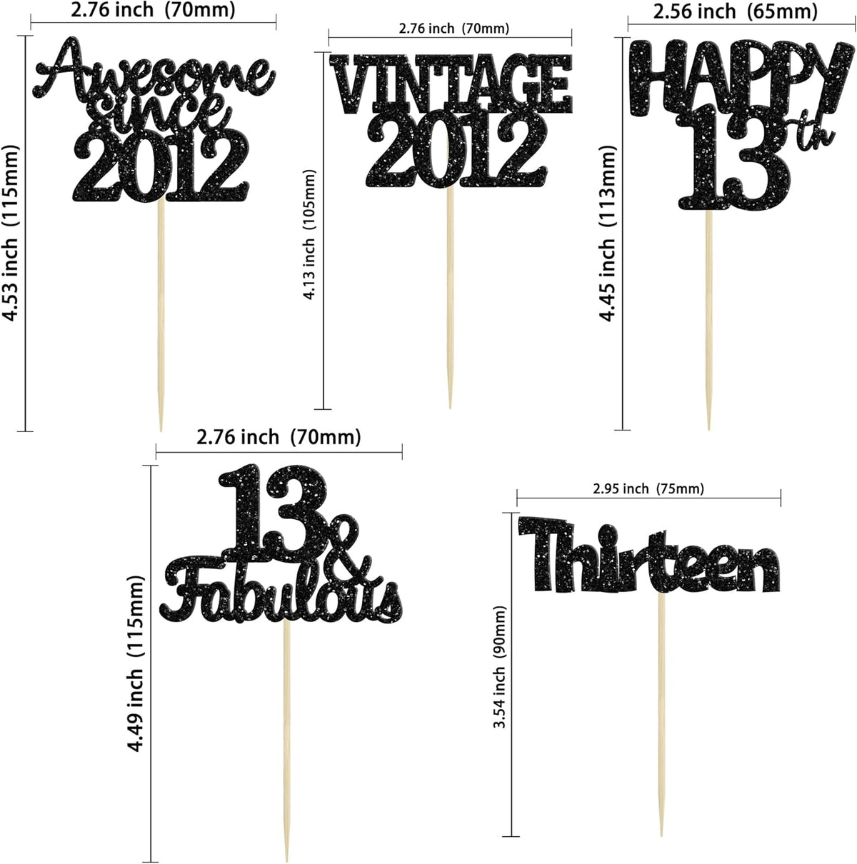 Gyufise 30Pcs Vintage 2012 Cupcake Toppers Glitter Thirteen Happy 13th Cupcake Picks Happy 13th Birthday Cake Decorations for Happy 13th Birthday Anniversary Party Supplies Black