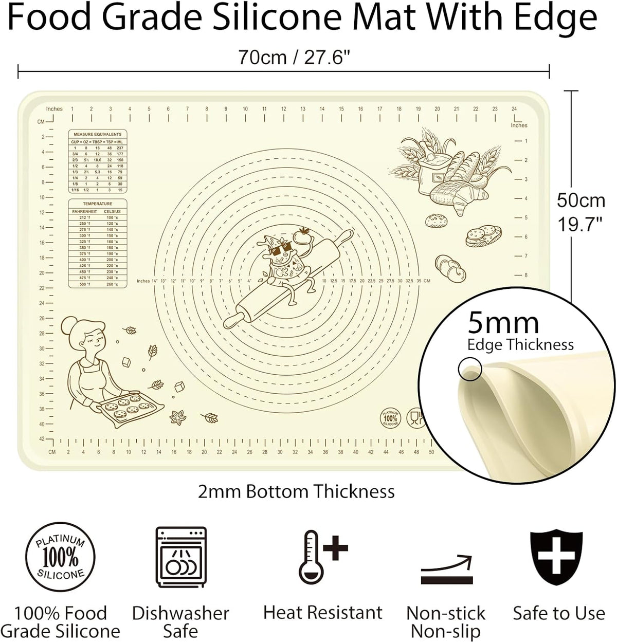 Silicone Baking Mat 28" x 20", Extra Thick Silicone Pastry Mat with Measurements and Edge Heightening, Non-stick Food Grade Dough Rolling Matfor for Pastry, Bread, Cookies, Pizza, Fondant, Pasta