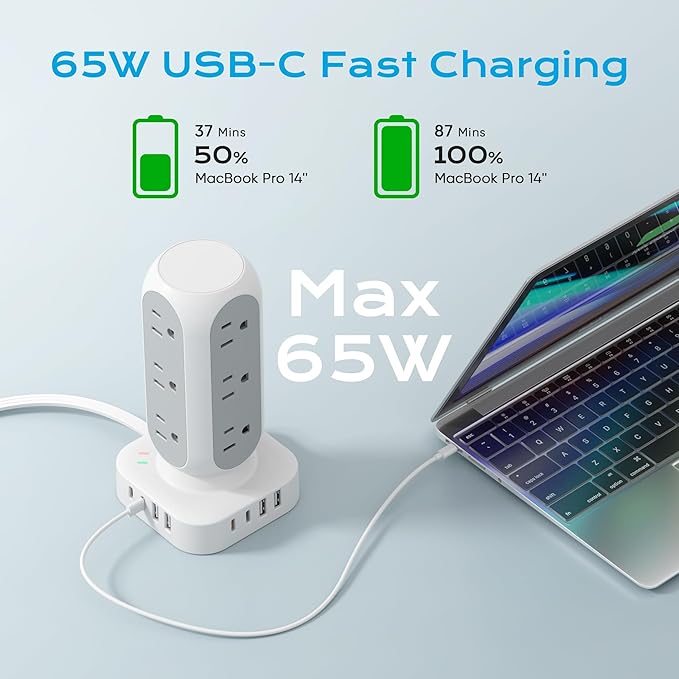 65W Fast Charging Station, Flat Plug Power Strip Tower with 12 AC Outlets & 8 USB Ports (2 PD USB-C Ports), 10FT Extension Cord, Compatible for MacBook Pro, iPhone Series.