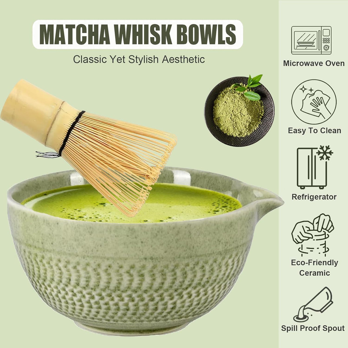 Ceramic Japanese Style Matcha Bowl Whisk Holder Temperature Resistant Braid Textured Matcha Tea Bowl Set With Spout for Trip (Green)