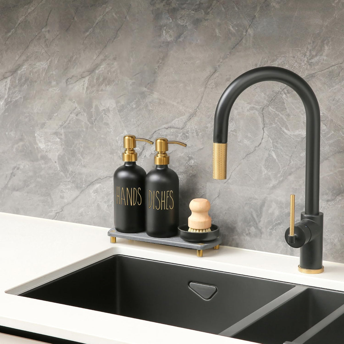 MOMEEMO Soap Dispenser Set Comes with Stainless Pumps, Instant Dry Tray, and Dish Scrub Brush, Suitable for Black and Gold Kitchen Decor. (Black & Gold)