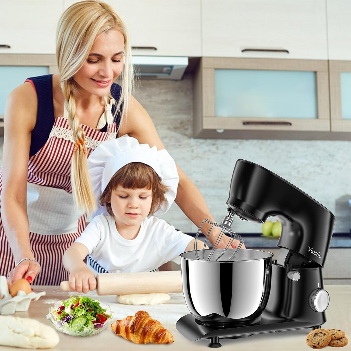 Vezzio Stand Mixer,6 Quarts,10-Speed Tilt-Head,Kitchen Food Mixer with Stainless Steel Bowl,Dough Hook,Whisk, Beater,Egg White Separator (Black)